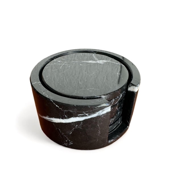 Portavasos redondo de mármol, juego de 6 piezas con soporte de piedra natural, negro Monterrey