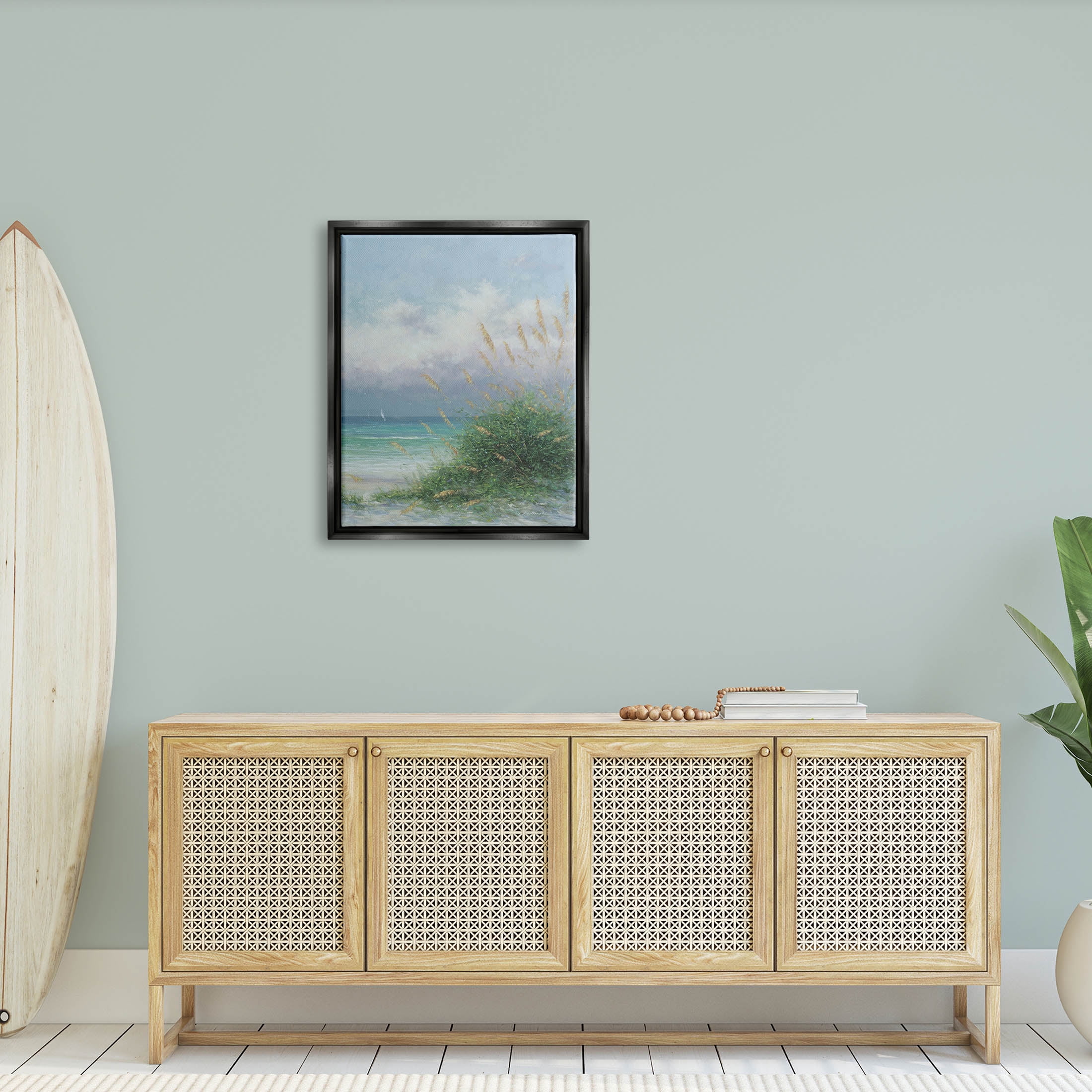 Ocean Waves Beach Reeds Coastal Painting Jet Black Framed Art Print Wall Art