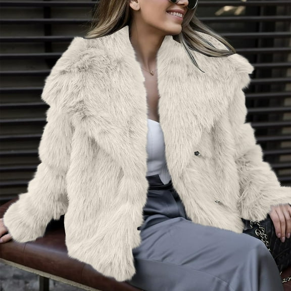 Women's Faux Fur Coat, Plush Textured Short Jacket, Lapel Collar Cropped Length, Thickened Warm Overcoat, Luxurious Winter Outerwear, Open Front Style Beige L