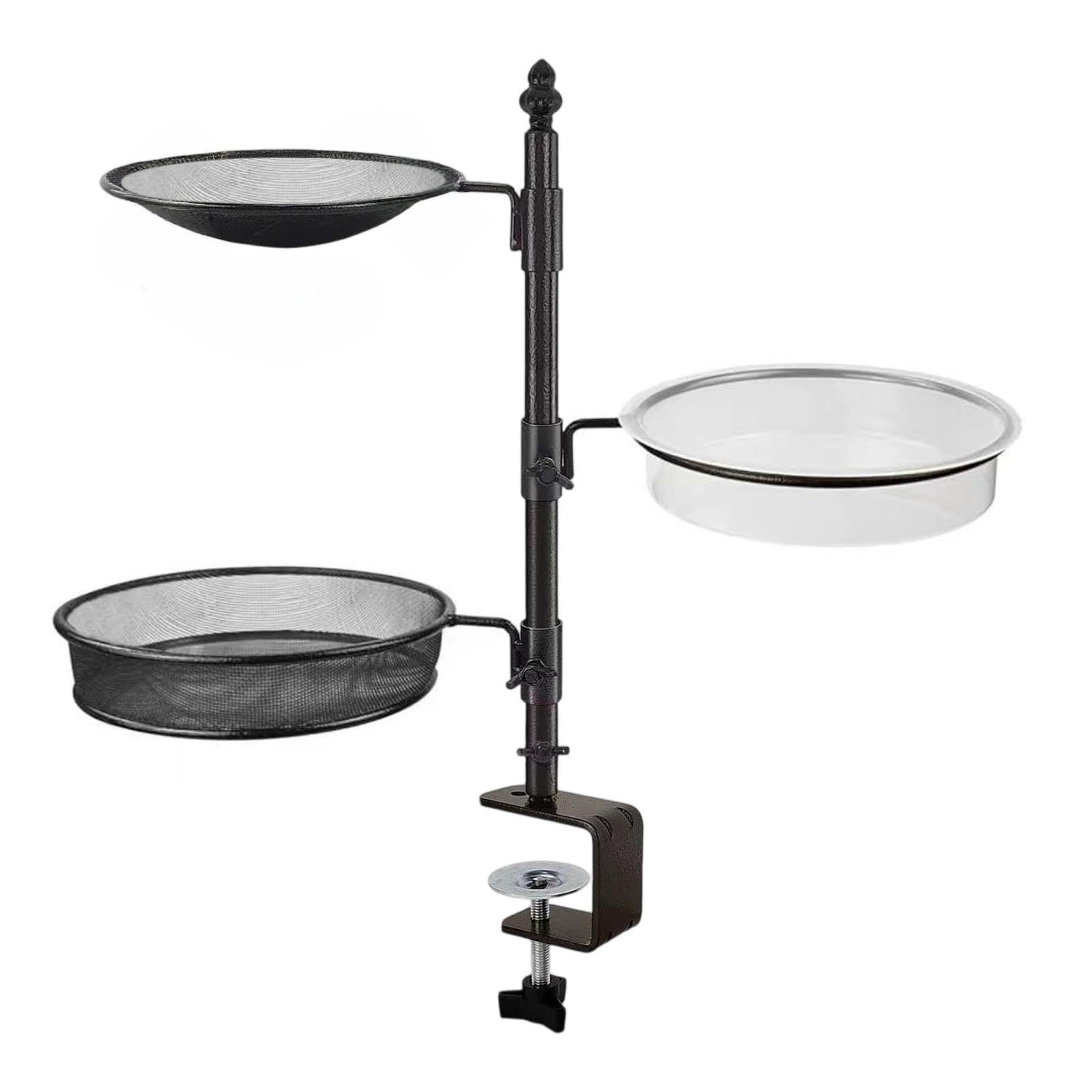 Deck Railing Bird Feeder with Clamp - Multi-Layer Mesh Trays & Bird Bath Bowl, Adjustable Metal Pole Outdoor Garden Feeder, Bird Feeder for Outdoors Hanging, Window Bird Feeder