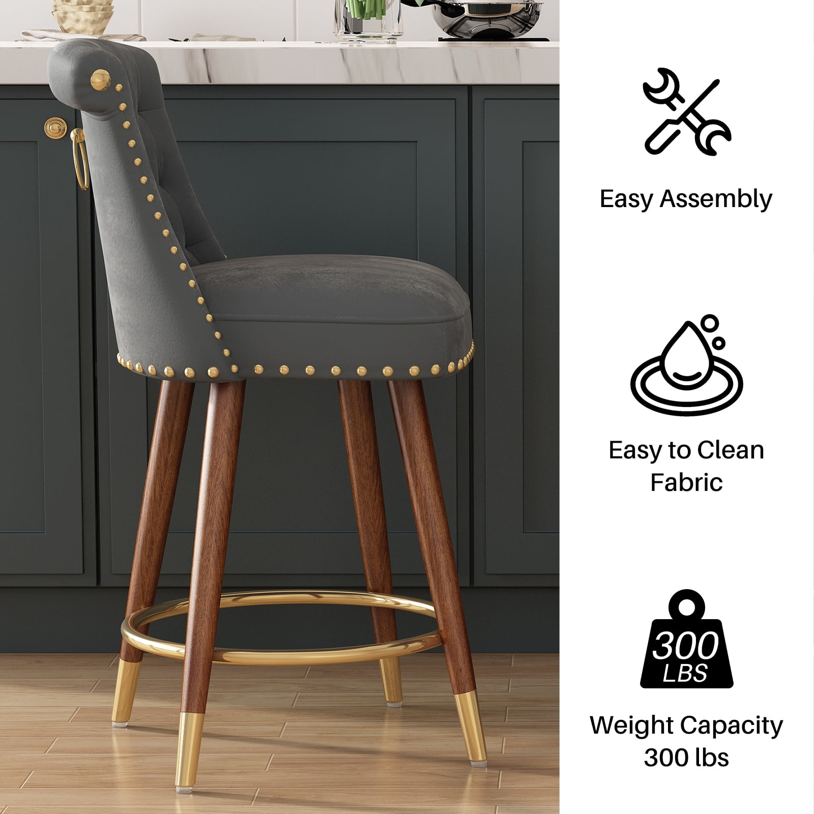 HomeZeer 24" Counter Height Bar Stools, Swivel Low Back Kitchen Barstool, Velvet Upholstered Square Seat Bar Chair with Wood Legs, Grey (Set of 2)