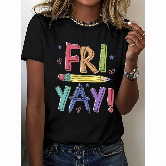 Cotton Fri Yay Graphic Tee T Shirt Top Pencil Print Geometric Design Short Sleeve Crew Neck Black S-5XL