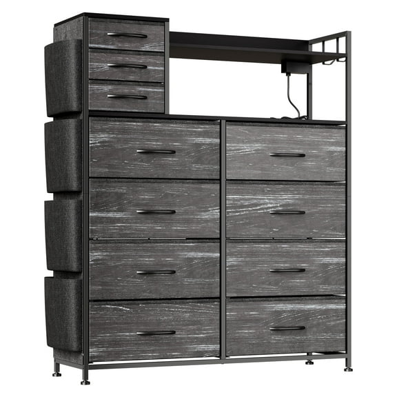 11-Drawer Storage Dresser with Charging Station & LED Lights, Fabric Cabinet with Metal Frame and Wood Top for Bedroom, Living Room, Hallway Organization