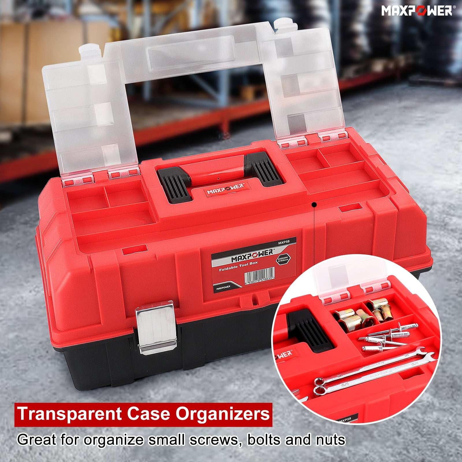 MAXPOWER 16-Inch Tool Box, Three-Layer Folding Plastic Storage Toolbox, Multi-Function Organizer with Tray and Dividers