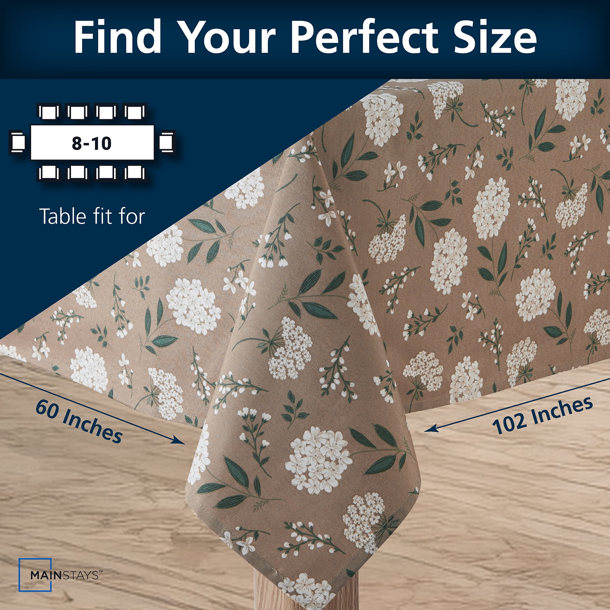 Mainstays Farmhouse Tablecloth Summer Floral Brown Fabric, 60" x 102", Hydrangea