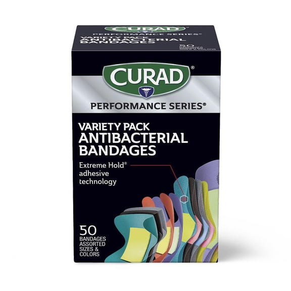 CURAD® Performance Series® Antibacterial Bandages, Extreme Hold, Assorted Sizes & Colors, 50 Count