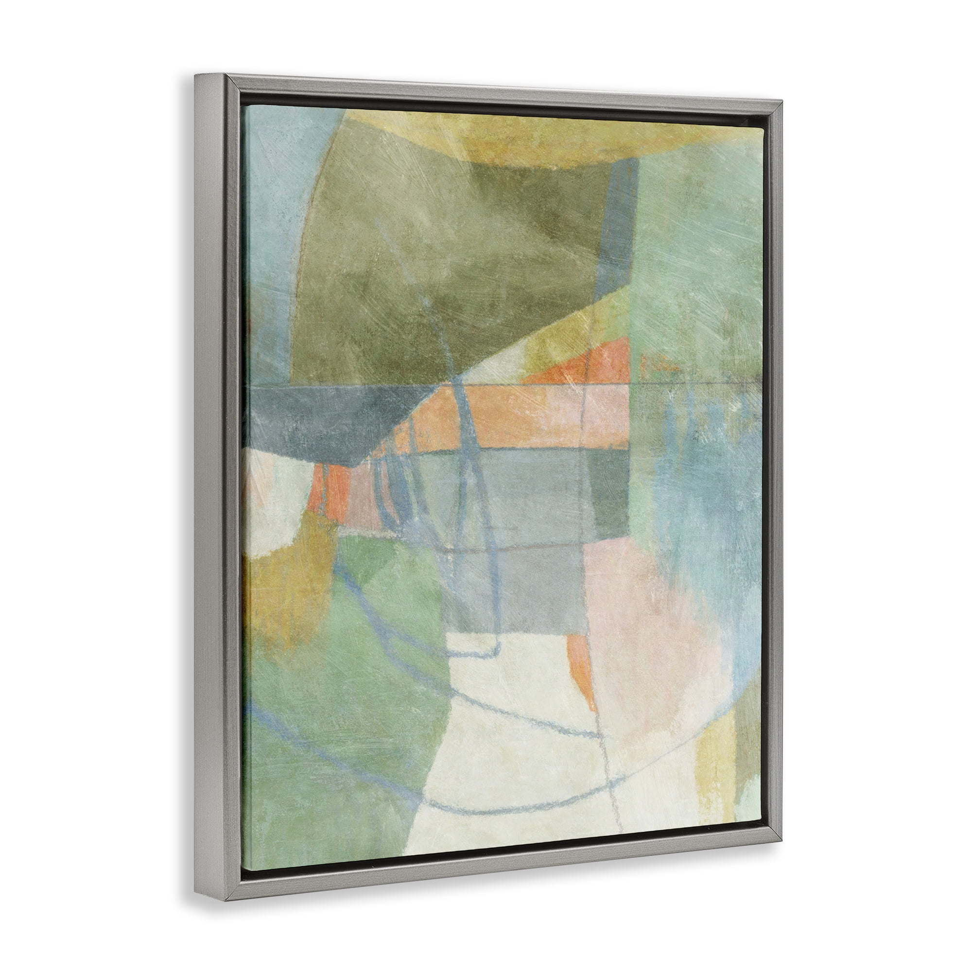 Stupell Industries Pastel & Green Shapes Abstract Painting Gray Floater Framed Canvas Art Print Wall Art, 17 x 21