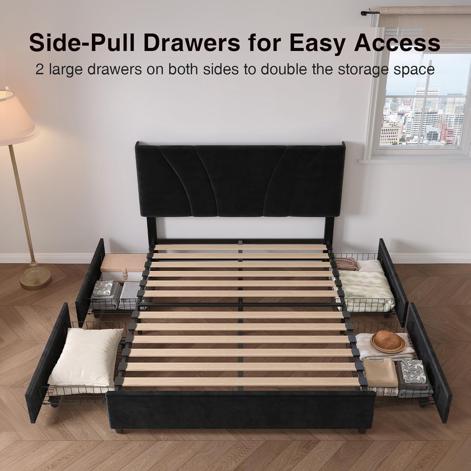 Novilla King Bed Frame and Headboard, King Size Bed Frame with Storage Drawers, King Bed Frame with LED Lights, Charging Station and Adjustable Headboard, No Box Spring Needed, Black Velvet
