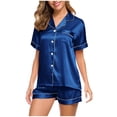 thumbnail image 4 of Conjunto de Pijama de verano para mujer, ropa de dormir rosa con cuello vuelto de seda sintética satinada azul, Pijama informal de manga corta para mujer, pantalones cortos para el hogar M, 4 of 5