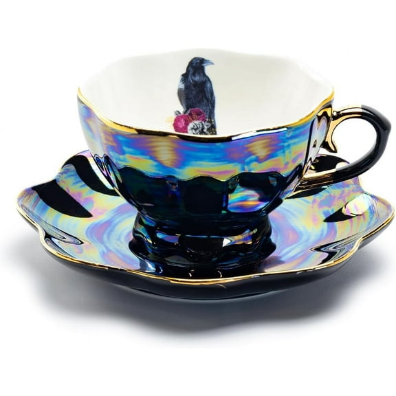 Grace Teaware Crow with Red Roses Black Gold Luster Tea Cup and Saucer