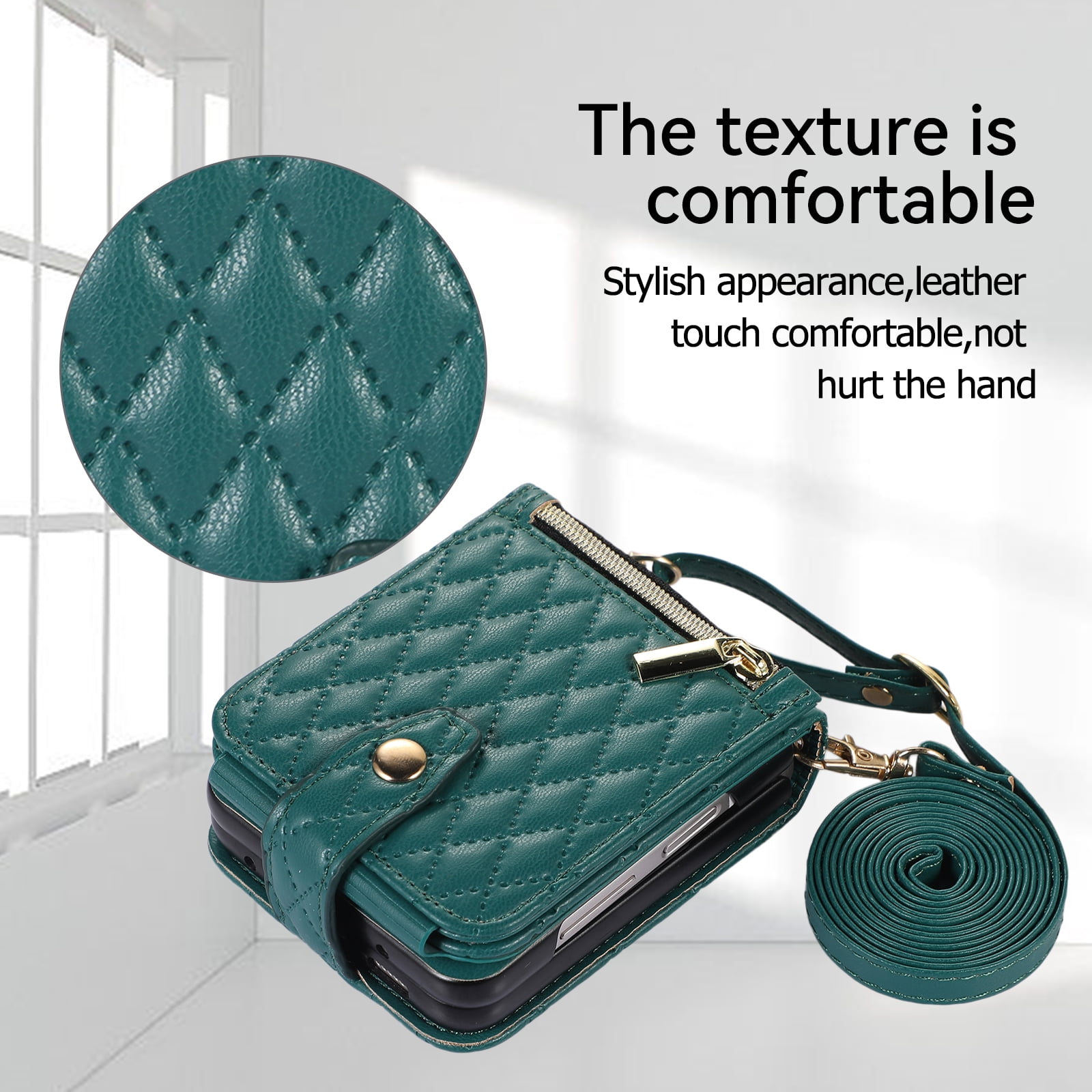 TECH CIRCLE Cover for Samsung Galaxy Z Flip5 Case with Shoulder Strap+Wristlet, Elegant Phone Handbag Design Multiple Card Slots Pocket Wallet Case for Galaxy Z Flip 5 Full Protective Shell-Dark Green