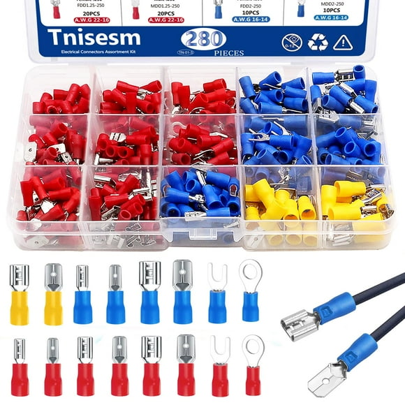280Pcs Spade Connector,Crimp Connectors 2.8mm 4.8mm 6.3mm Male and Female Spade Connector kit, 16 Types Crimp Terminals Electrical Connectors