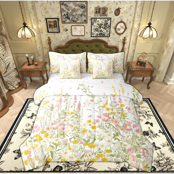 Manfei Teens Watercolor Flower Twin Bedding Sets 7-Piece, Farmhouse Plant Botanical Bedding Comforter Set, Retro Fashion Style Reversible Sheet Sets, Lightweight Room Decor