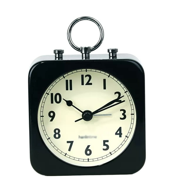 Reloj despertador con caja metálica cuadrada, pequeño, funciona con pilas y sin tictac.