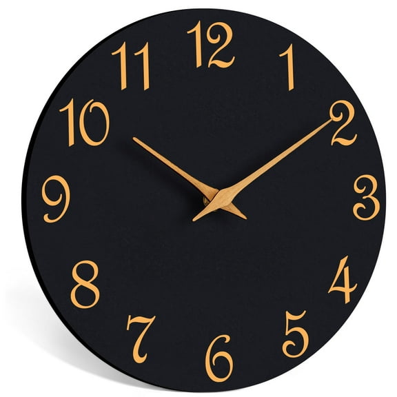 Silent wall clock, 10 inch modern battery operated clock, noiseless quartz movement, decorative clock for home office bedroom kitchen bathroom, black gold