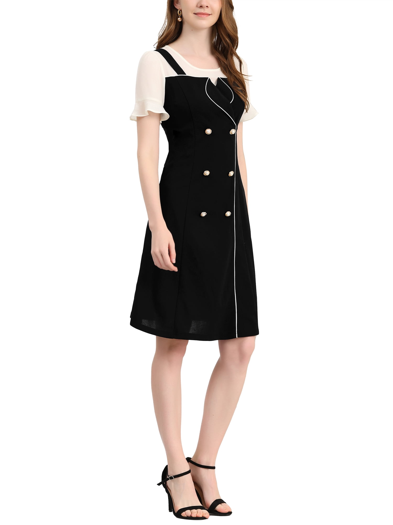 Unique Bargains Women's Contrast Chiffon Button Decor Short Sleeve Dress Black M