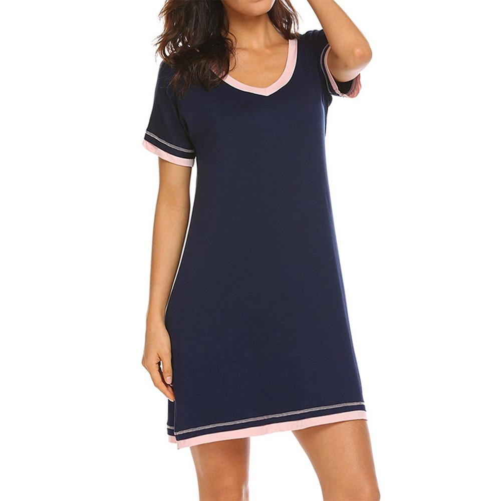 Nieery Women's Loose Nightdress V Neck Short Sleeve Nightgown Casual Soft Cotton Loungewear Sleepwear with Pocket Nightshirt Nightwear for All Seasons
