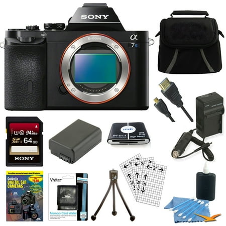 Sony Alpha a7S ILCE7S/B ILCE7S ILCE7SB Compact Interchangeable Lens Digital Camera Bundle with 64GB SDXC Card, Spare Battery, Rapid AC/DC Charger, HDMI Cable, Case, LCD Screen (Best Compact Interchangeable Lens Camera 2019)