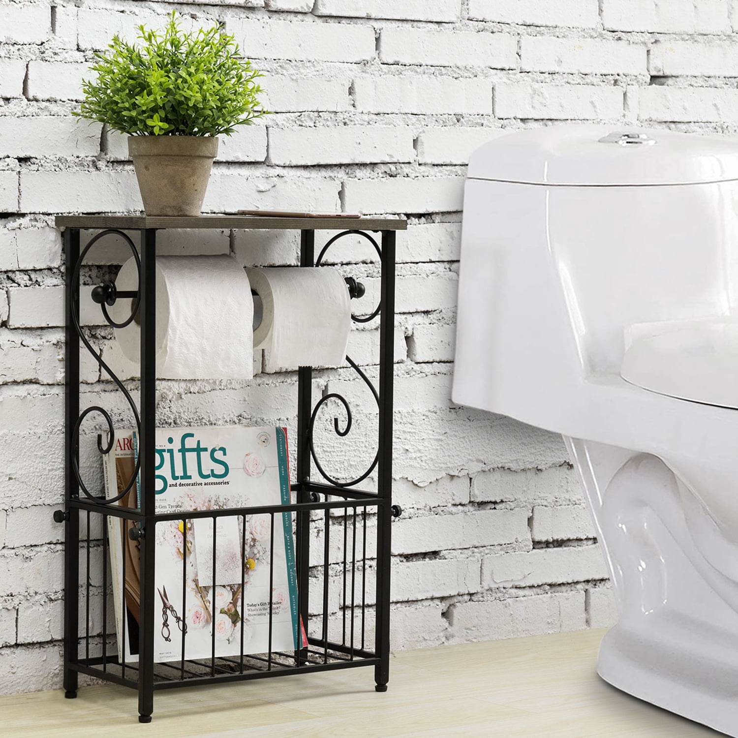 MyGift Toilet Paper Roll Holder Stand and Magazine Organizer Rack with Gray Solid Wood Display Shelf, Freestanding Bathroom Storage, Scrollwork Black Metal