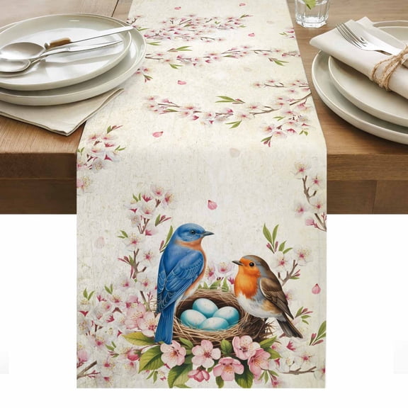 Birds Floral Table Runner - 48 Inch Long, Kitchen Dining Table Runner Dresser Scarves, Farmhouse Vintage Pink Flower Leaf Farmhouse Decor for Coffee Tables Wedding Party Banquet