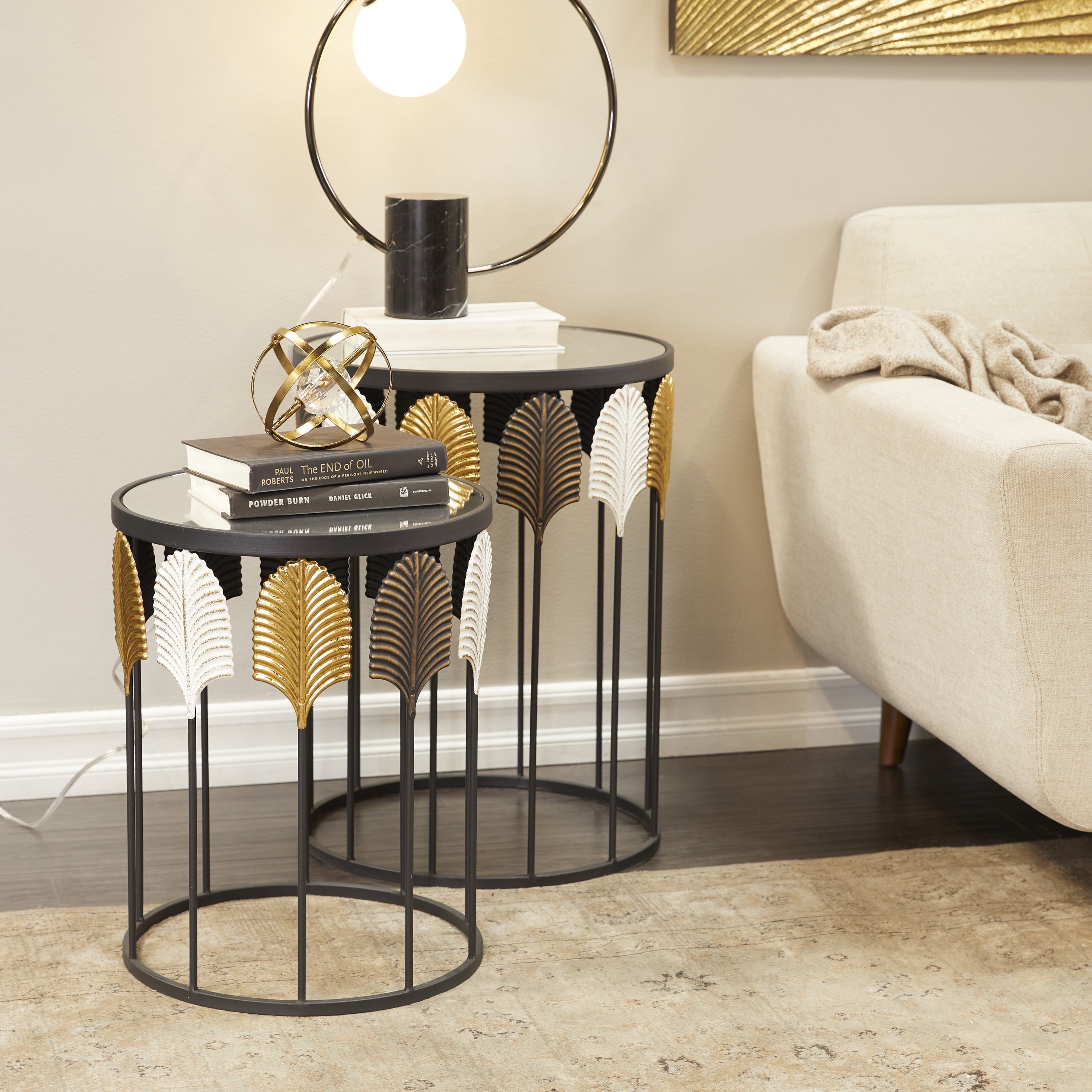 DecMode 18" x 24" Black Metal Leaf Accent Table with Mirrored Glass Top, 2-Pieces