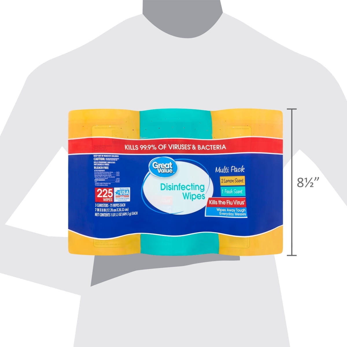 Great Valu Disinfecting Wipes, Lemon and Fresh Scent, 225 Count, 3 Pack