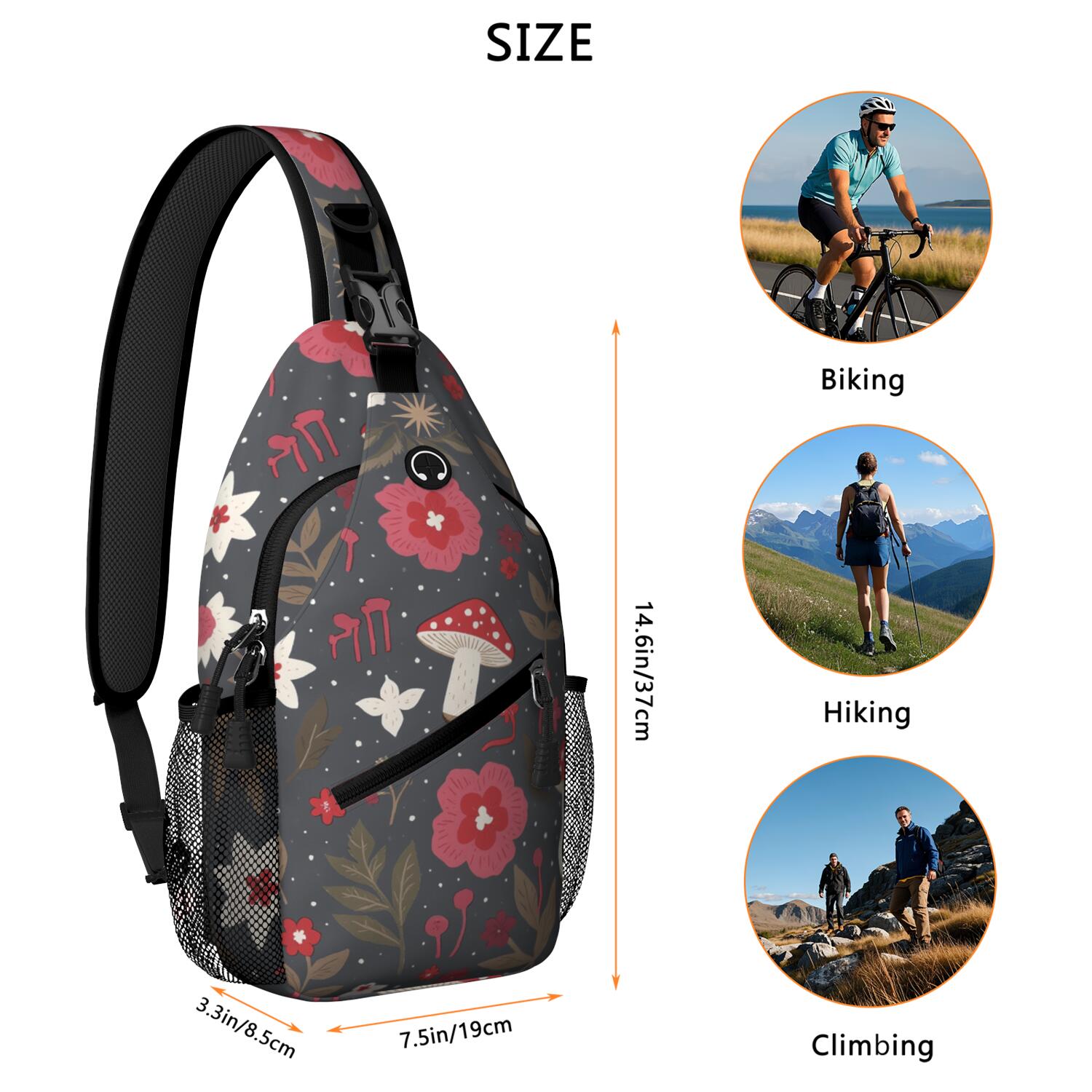 Mushroom Sling Bag for Women Men Hiking Sling Backpack Backpack Purse for Traveling Office Hiking Sling Pack Trendy Sling Backpack