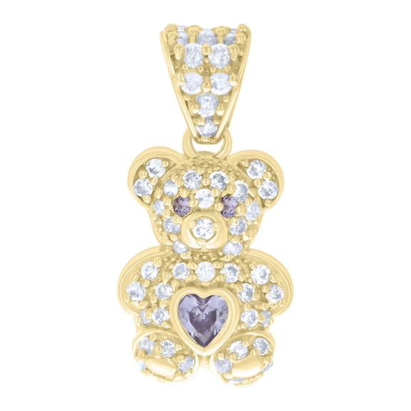 10kt Real Yellow Gold Womens Purple White Heart Round Cubic-Zirconia March Birthstone Teddy Bear Charm Pendant
