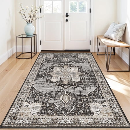 4 x7 Washable Vintage Distressed Rug Non Slip Low Pile Stain Resistant Black Carpet for Entryway Living Room Kitchen Bedroom