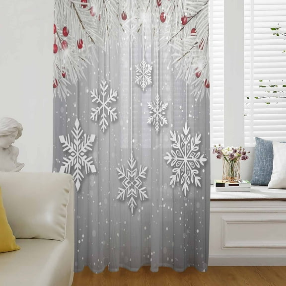 Christmas Snowflakes Semi Sheer Curtains Drapes for Living Room,Bedroom,French Doors Window 45 Inches Long,Sliver Xmas Pine Branch Berries Grey Wood Rod Pocket Chiffon Curtain Voile Drapery Panel