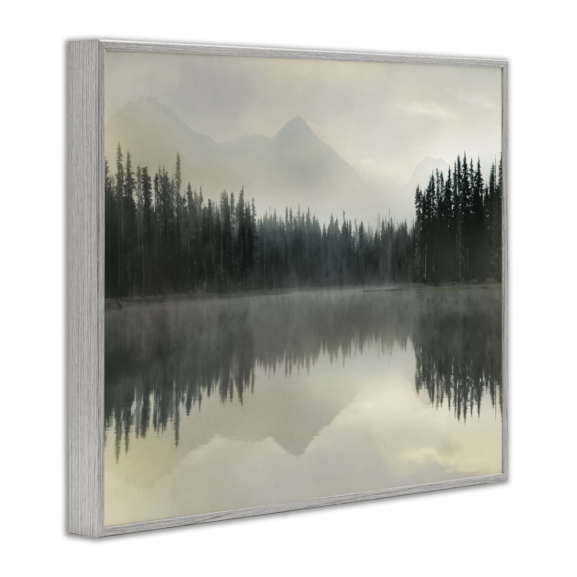 Foggy Lake Forest Landscape Reflection Gray Framed Giclee Art, 14 x 11