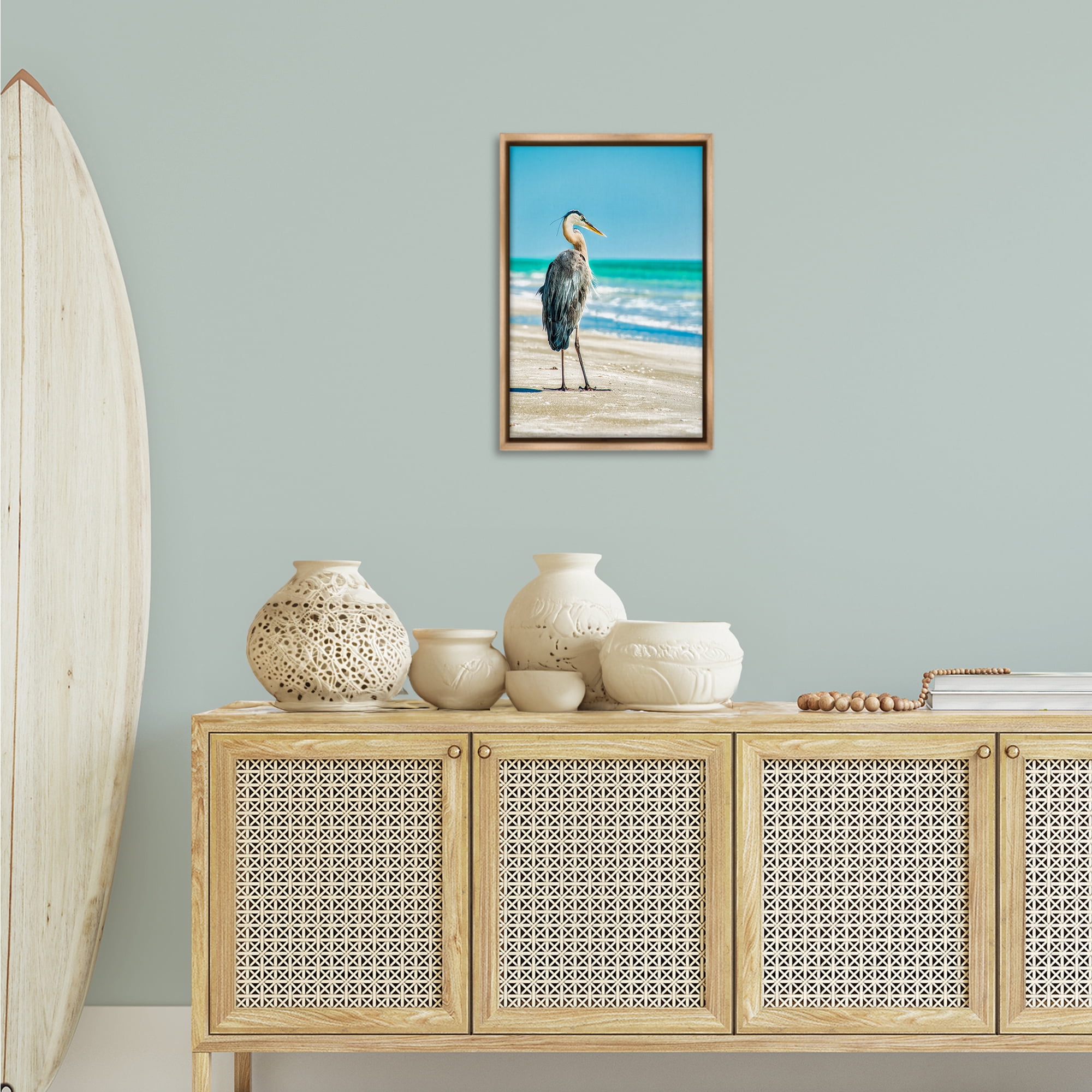 Stupell Industries Reflective Beach Bird Nautical & Beach Photography Brown Floater Framed Canvas Art Print Wall Art, 17 x 25