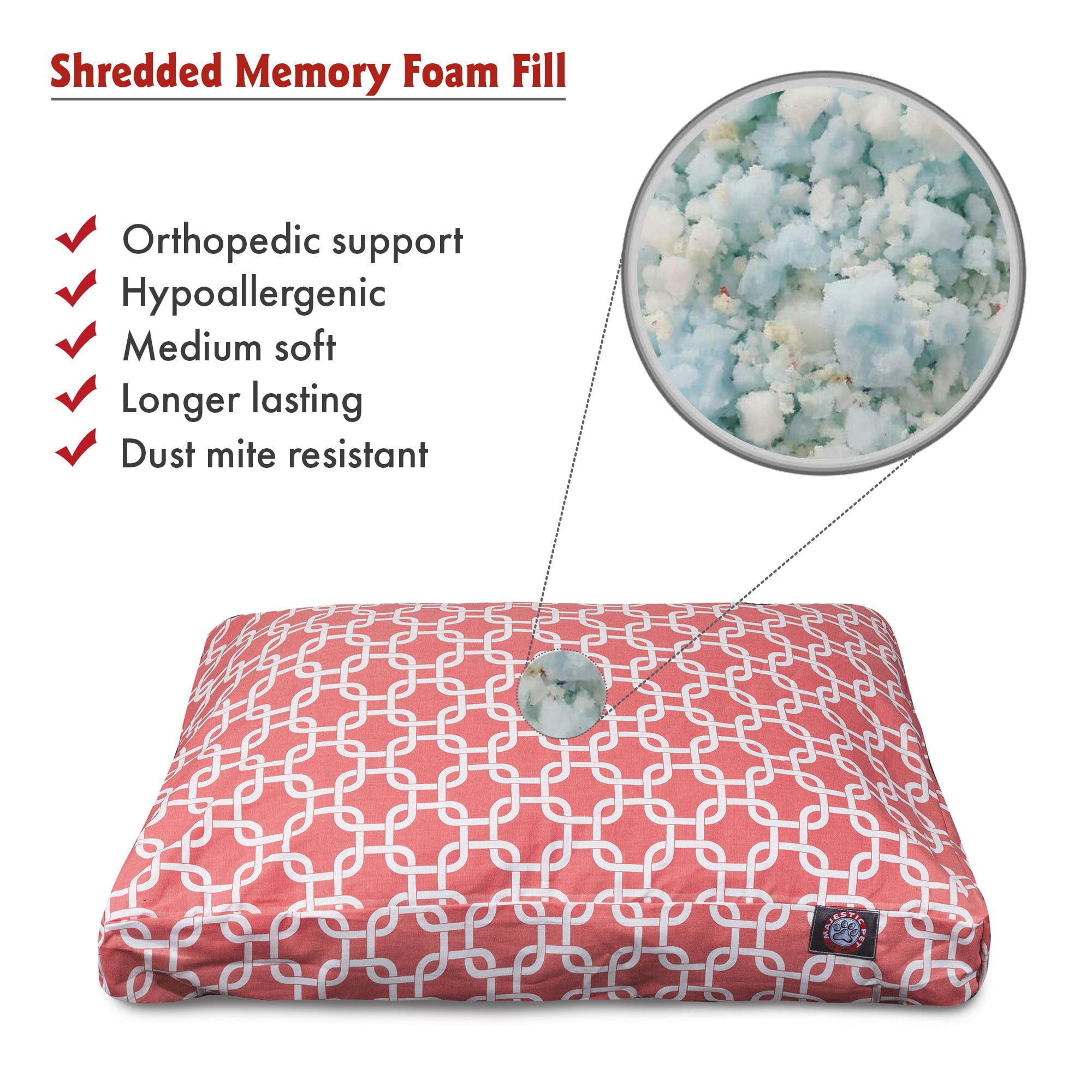 Majestic Pet | Links Shredded Memory Foam Rectangle Pet Bed For Dogs, Removable Cover, Coral, Large