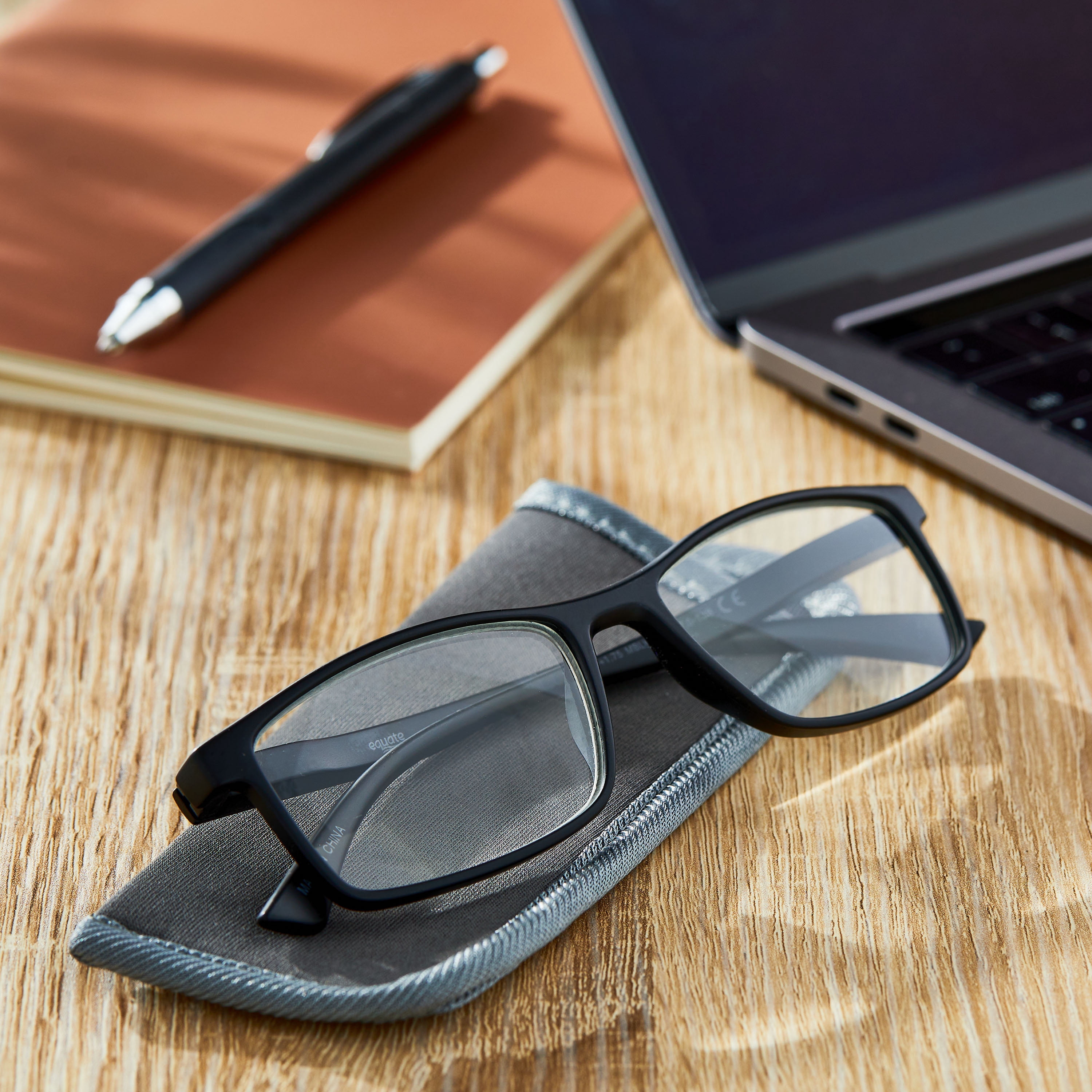 Equate Jackson Mens Rectangular Plastic Reading Glasses with Case, Matte Black, +1.50
