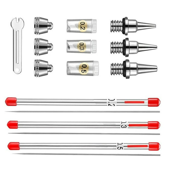 Precision Airbrush Needle and Nozzle Set 0.2mm, 0.3mm, 0.5mm, Stainless Steel Needles, Brass Nozzles Sprayers Spare