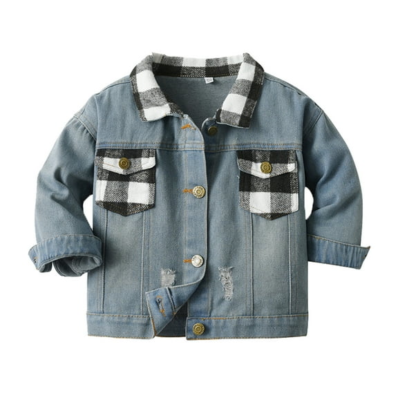 TAIAOJING Unisex Boys Girls Lined Button Down Denim Jacket Toddler Boys Girls Windproof Plaid Patchwork Denim Coat Kids Warm Fall Winter Warm Outerwear 18-24 Months