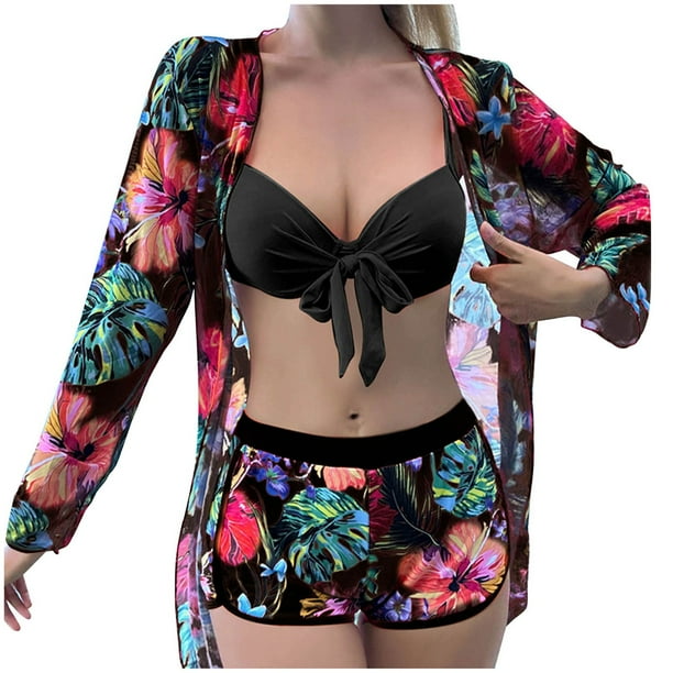 Gibobby Conjunto de bikini sexy Conjunto de Bikini Sexy de 3 piezas para mujer, traje de baño cubierta, Bikinis de cintura alta para mujer, traje de baño(Negro,XL)