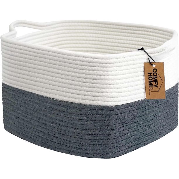 Cesta de cuerda de algodón tejida con asa - Cesta para guardar juguetes de bebé, cesta decorativa para baño, juguetes para perros, libros, estantería, papelera para guardería, cesta para mantas -13