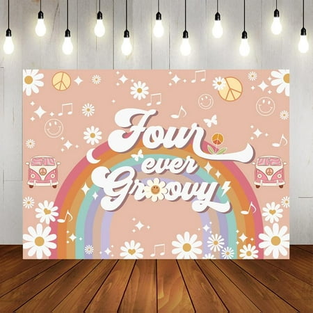 Image of Groovy 70 s Retro 4th Birthday Party Backdrop - 7x5ft Four Ever Hippie Background for Girls Birthday Celebration