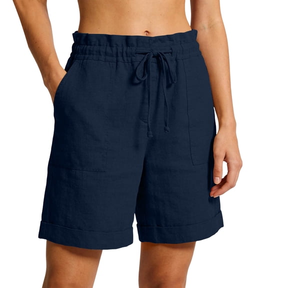 JGGSPWM Women's Linen Shorts Casual Bermuda Long Linen Shorts Drawstring High Waisted Comfy Summer with Pockets Blue XL