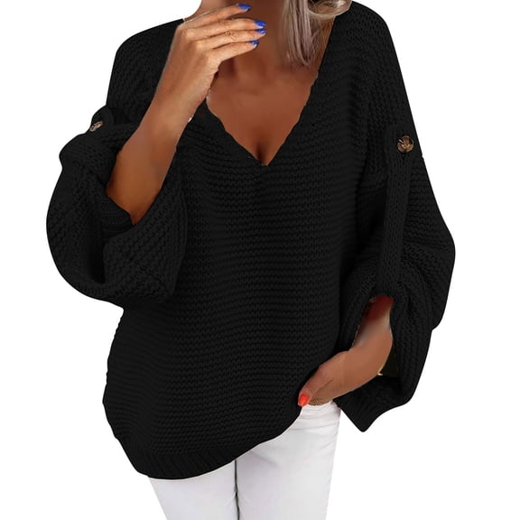 VISALY V Neck Pullover Sweater Knit Sweater Womens Fall Sweaters 2024 Chunky Loose Long Sleeve V Neck Oversized Casual Knit Pullover Tops Crochet Sweaters Womens Sweatshirts Women Pullover Black L