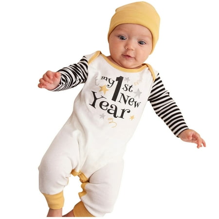 

Qufokar Baby Boy Coat 9-12 Months Snap Up Footie Pajamas My First New Year Clothes Baby Boy Girl New Year Outfits Stripes Letter Print Romper Jumpsuit Hat Outfits Set