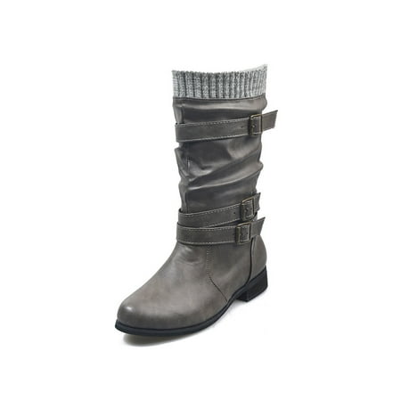

Difumos Womens Anti Slip Belt Buckle Winter Shoes Slouch Mid-Calf Boots Outdoor Comfort Pull On Shoe Gray 8