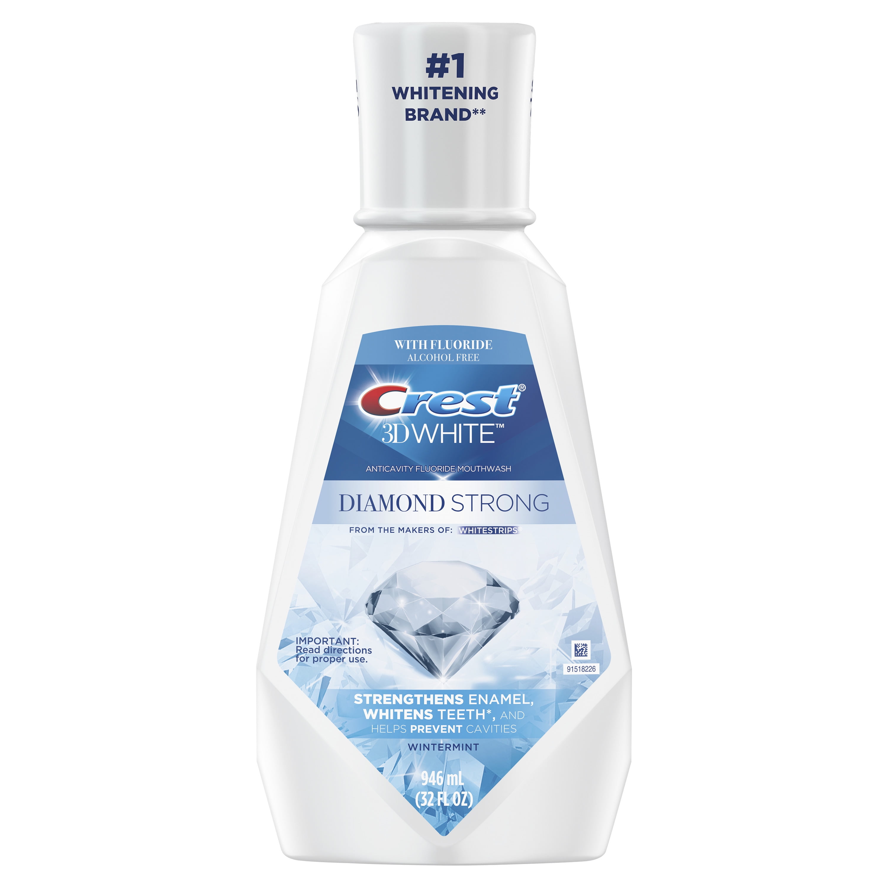 Crest 3D White Diamond Fluoride Mouthwash, Alcohol Free, Wintermint, 32 fl oz