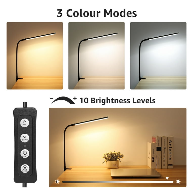 Lepro Clip on Desk Lamp LED Reading light Dimmable USB Clamp Lamp with 3  Color Modes 10 Brightness, Adjustable Flexible Gooseneck Table Light for  Bed Headboard, Workbench, Home Office, Computer, Black 