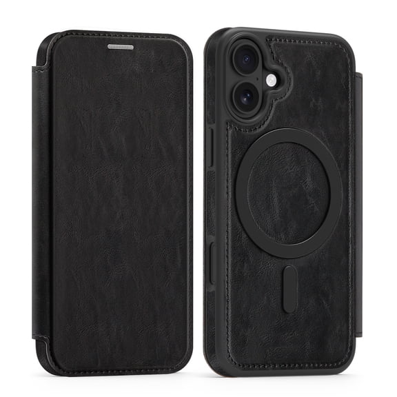 Wallet Case for iPhone 16, Magnetic Flip Kickstand Compatible with MagSafe, RFID Blocking Premium PU Leather Slim Shockproof Phone Case with Card Holder For iPhone 16,Black