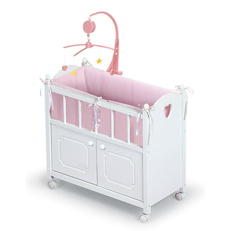 badger basket gingham doll crib with cabinet, bedding, mobile and