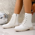 thumbnail image 3 of Lug Sole Combat Boots Womens Casual Low Heel Waterproof Leather Lace up Fall Winter Ankle Booties Side Zipper Short Riding Boots White Size 8.5, 3 of 8