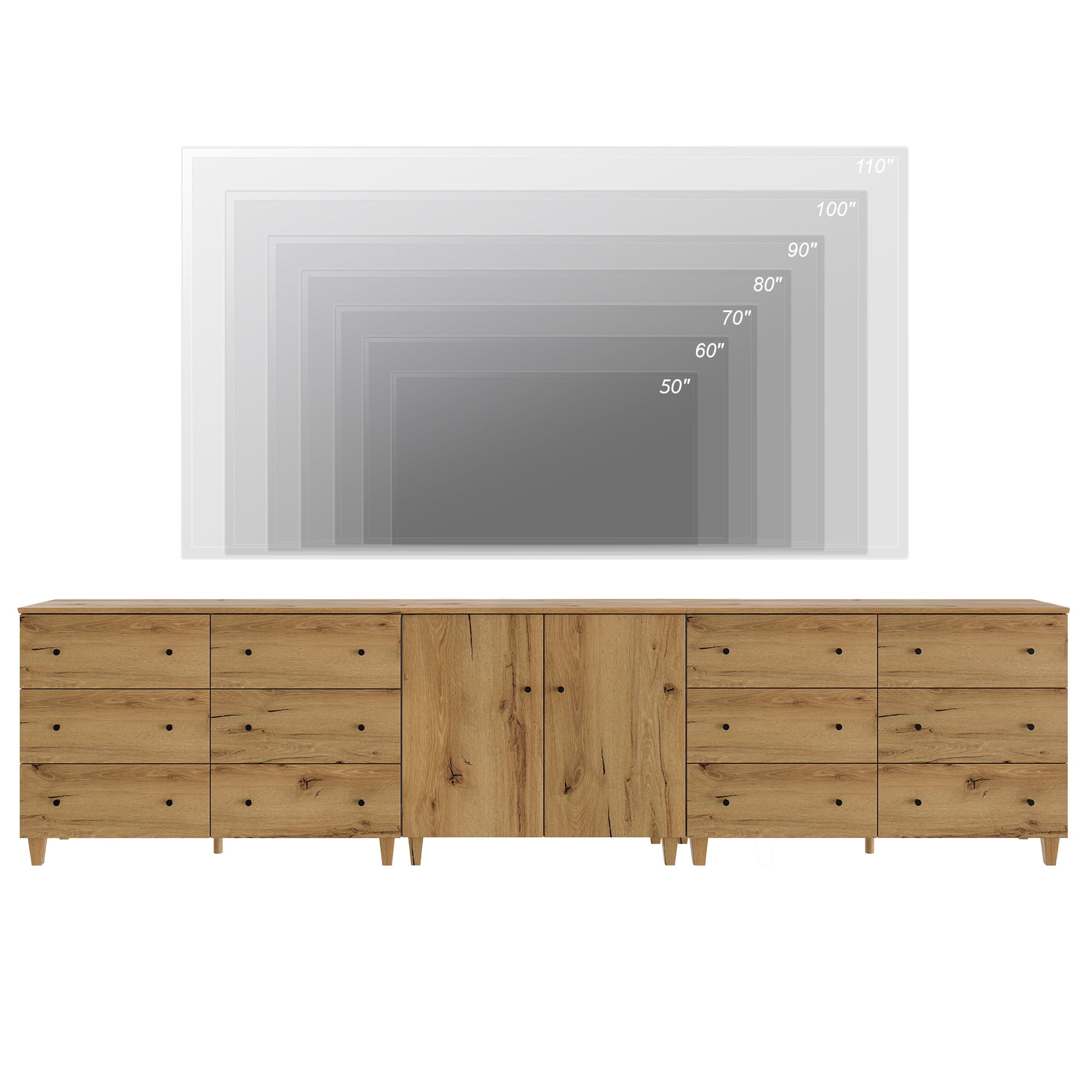 WAMPAT Wide TV Stand for 110+ Inches TVs, 3-in-1 Modern Wooden Media Console with 12 Spacious Drawers and 1 Storage Cabinet for Living Room, Oak Brown