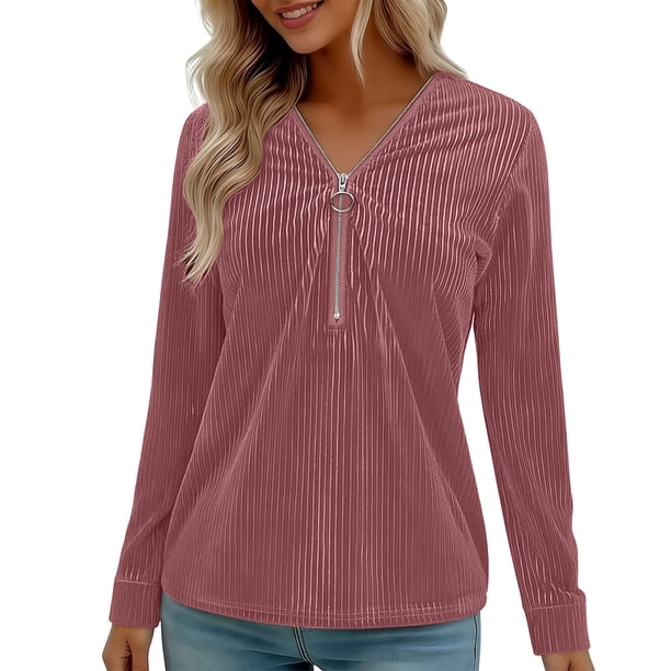 Blusas de Manga Larga para las Mujeres Cremallera de Cuello en V Delantera Color Sólido Top de Moda Casual, Tops de Color Sólido para las Mujeres